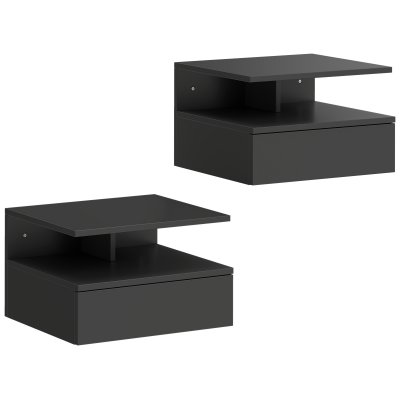 Lot 2 Tables De Chevet Murales Tiroir &Eacute;tag&egrave;re Ouverte Bois Noir