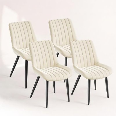 Lot 4 Chaises HavenlyHome, Velours Beige Rembourr&eacute;, Dossier Ergonomique