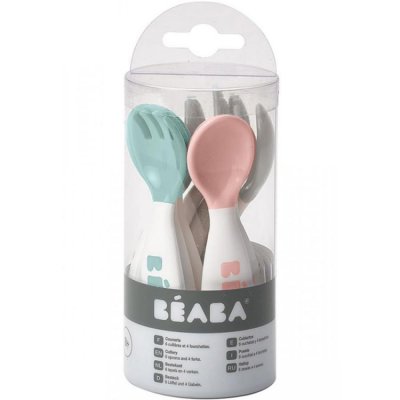 BEABA Lot de 10 couverts en silicone vert d'eau, gris et rose