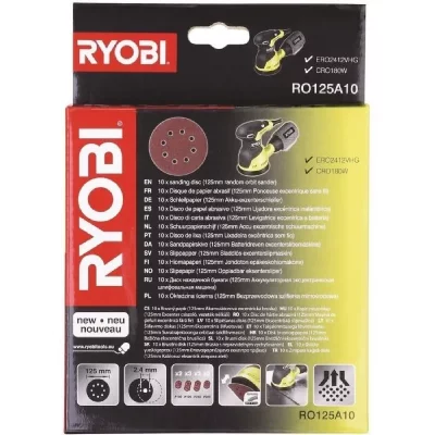 RYOBI Lot de 10 patins abrasifs , 125 mm, grains assortiment, RO125A10