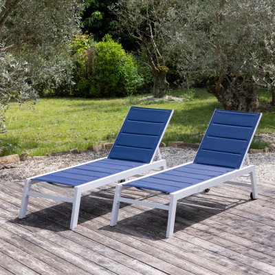 HAPPY GARDEN Lot de 2 bains de soleil BARBADOS en textil&egrave;ne bleu - aluminium blanc