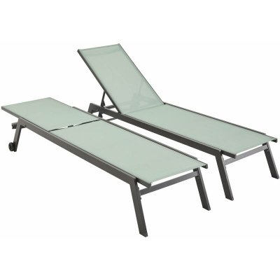 SWEEEK Lot de 2 bains de soleil ELSA en aluminium avec roulettes - Transat 5 positions - Vert de gris