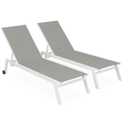 SWEEEK Lot de 2 bains de soleil en aluminium avec roulettes - 5 positions - ELSA - Taupe