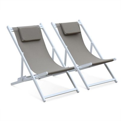 SWEEEK Lot De 2 Bains De Soleil - Gaia Taupe - En Aluminium Blanc Et Textilene Taupe Avec Coussin Repose