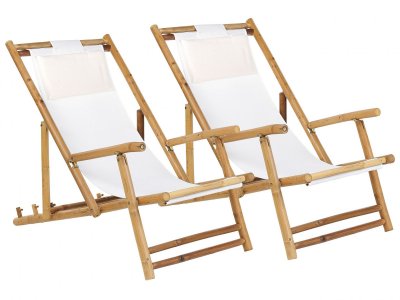 BELIANI Lot de 2 chiliennes en bambou avec tissu blanc cass&eacute; atrani 269858
