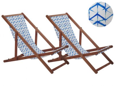 BELIANI Lot de 2 chiliennes en bois fonc&eacute; et tissu zigzag bleu blanc anzio 256881 
