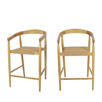 Lot de 2 fauteuils de bar en teck et corde tress&eacute; H65cm bois clair