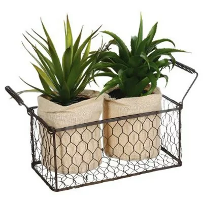 ATMOSPHERA Lot de 2 Plantes artificielles Aloe Vera dans un panier en m&eacute;tal H 21 cm