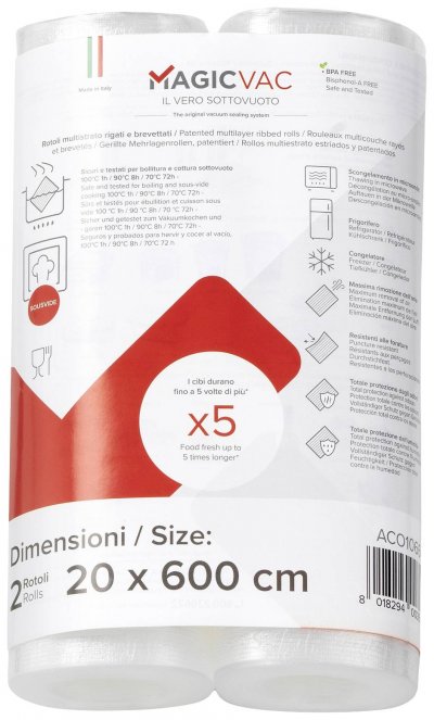 MAGIC VAC Lot de 2 Rouleaux pour machine mise sous vide (20 cm x 6 m&egrave;tres)