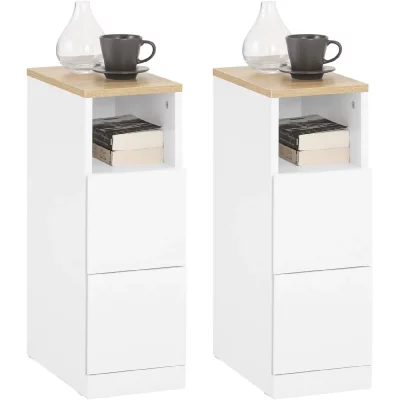 Lot de 2 Tables de chevet avec 2 tiroirs et &eacute;tag&egrave;re - MDF - 35x20x60 cm - Blanc
