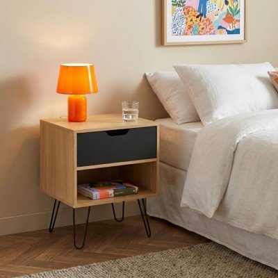 Lot de 2 tables de chevet noir et effet ch&ecirc;ne 1 tiroir