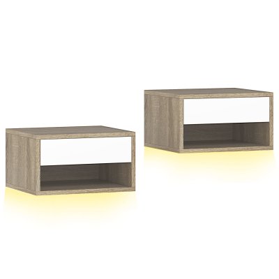 Lot de 2 tables de chevet suspendues &eacute;clairage led rgb en bois naturel