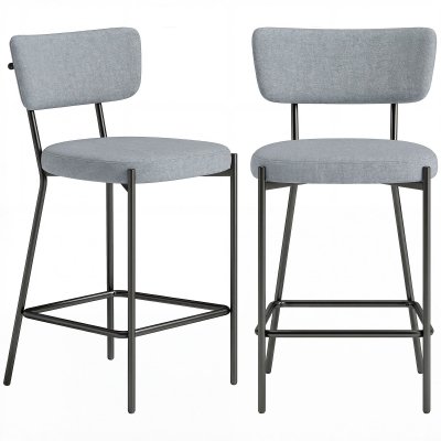 Lot de 2 tabourets de bar assise rembourr&eacute;e tissu aspect lin gris