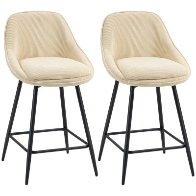 Lot de 2 tabourets de bar dossier repose-pieds en velours c&ocirc;tel&eacute; beige