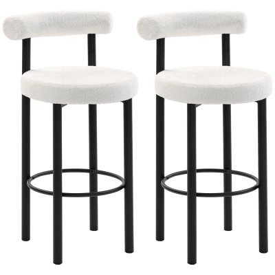 Lot de 2 tabourets de bar dossier repose-pieds tissu bouclette blanc