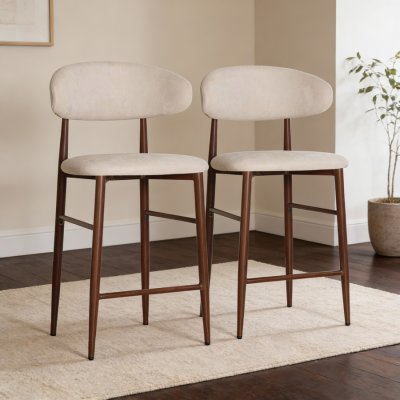 Lot de 2 tabourets de bar en tissu beige et m&eacute;tal effet bois fonc&eacute;