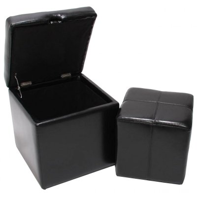 MENDLER Lot de 2 tabourets Onex, pouf + cube-coffre, cuir, noir
