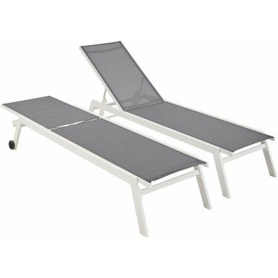 SWEEEK Lot de 2 transats blancs et gris aluminium multi position &agrave; roulettes