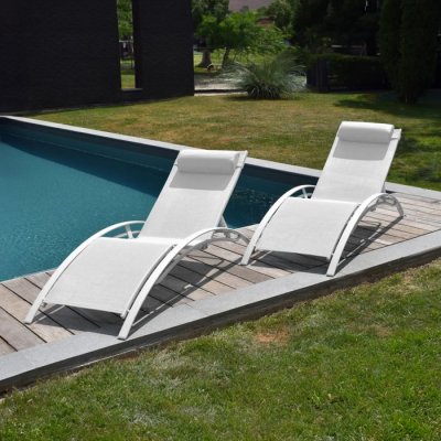 HAPPY GARDEN Lot de 2 transats GALAPAGOS en textil&egrave;ne blanc - aluminium blanc