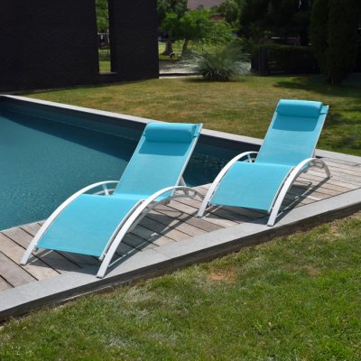 HAPPY GARDEN Lot de 2 transats galapagos en textil&egrave;ne bleu - aluminium blanc - Bleu