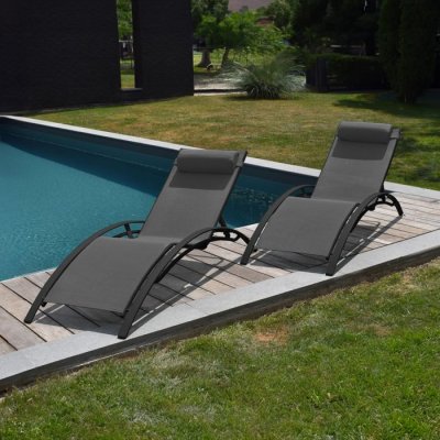 HAPPY GARDEN Lot de 2 transats GALAPAGOS en textil&egrave;ne gris - aluminium gris anthracite