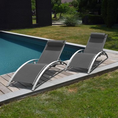 HAPPY GARDEN Lot de 2 transats galapagos en textil&egrave;ne gris - aluminium gris - Gris