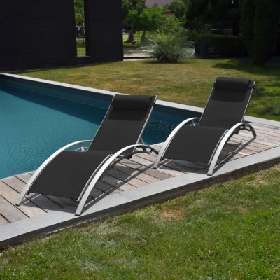 HAPPY GARDEN Lot de 2 transats galapagos en textil&egrave;ne noir - aluminium gris - Noir