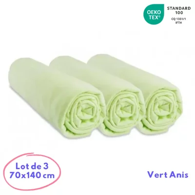 EASY DORT Lot de 3 draps housse jersey coton -70x140 Couleur - Anis