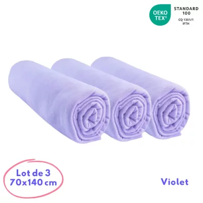 EASY DORT Lot de 3 draps housse jersey coton -70x140 Couleur - Parme