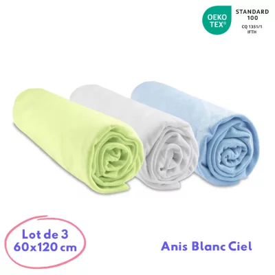 EASY DORT Lot de 3 Draps housses Bambou - 60x120 - anis blanc ciel