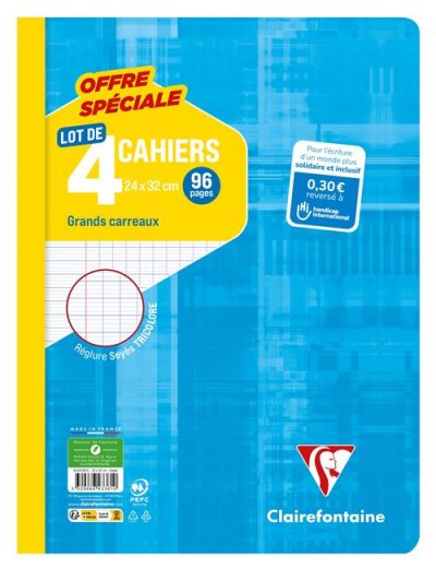CLAIREFONTAINE Lot de 4 cahiers de 96 Pages s&eacute;y&egrave;s  24 x 32 cm Mod&egrave;le al&eacute;atoire