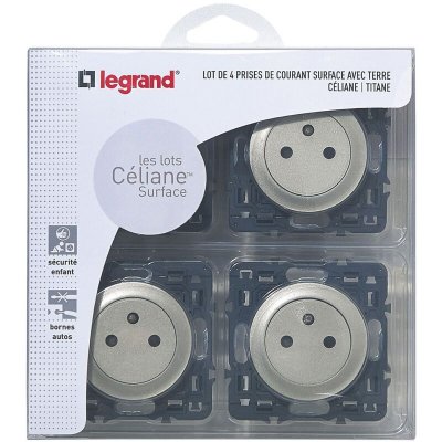 LEGRAND Lot de 4 prises de courant avec terre C&eacute;liane Surface - Titane