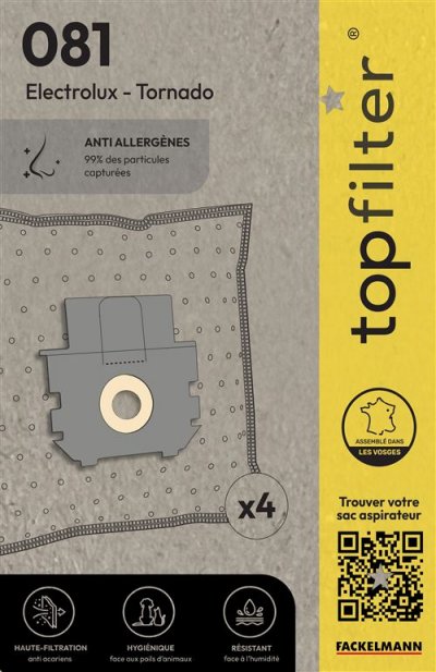 TOP FILTER Lot de 4 sacs aspirateur Electrolux et Tornado TopFilter Premium ref 64081