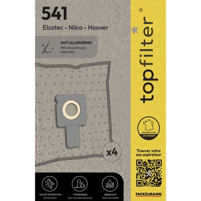 TOPFILTER Lot de 4 sacs aspirateur pour hoover et elcotec  premium ref. 64541