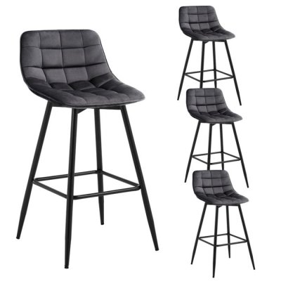 Lot de 4 tabourets de bar-chaise de bar- en velours avec pieds et repose-pieds en m&eacute;tal-gris fonc&eacute;