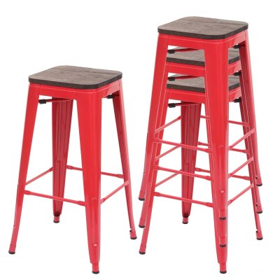 Lot de 4 Tabourets de bar HWC-A73 en bois et m&eacute;tal style industriel - Rouge