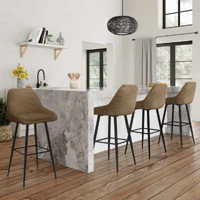 Lot de 4 tabourets de bar THALYA en velours cotel&eacute; taupe avec demi-accoudoirs