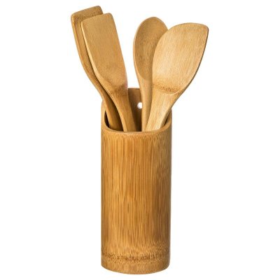 PARIS PRIX Lot de 4 ustensiles & pot de cuisine ""bambou"" naturel