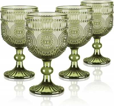 VENDOS85 Lot de 4 Verres &agrave; Vin Vintage en Relief 350 ml