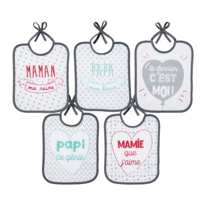 BABYCALIN Lot de 5 bavoirs naissance message famille - 