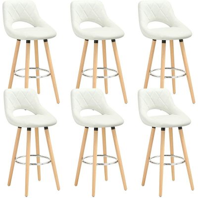 Lot de 6 tabourets de bar en lin et bois massif avec dossier et repose-pieds 43x40x96cm blanc
