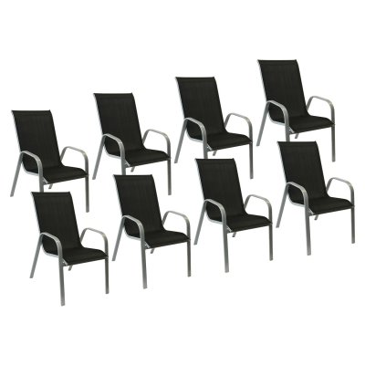 HAPPY GARDEN Lot de 8 chaises MARBELLA en textil&egrave;ne noir/structure gris empilables