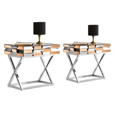 Lot de deux table de chevet en verre miroir 3D Or et miroir