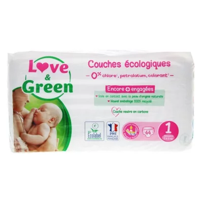 LOVE & GREEN LOVE&GREEN Couche hypoallerg&eacute;niques x44 taille 1 naissance 2&agrave;5kg