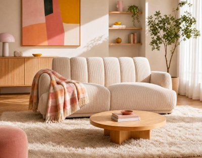 BEST MOBILIER Luigi - Canap&eacute; droit 3 places en velours c&ocirc;tel&eacute; - Beige