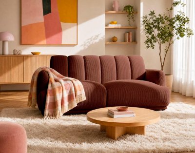 BEST MOBILIER Luigi - Canap&eacute; Droit 3 Places En Velours C&ocirc;tel&eacute; - Terracotta