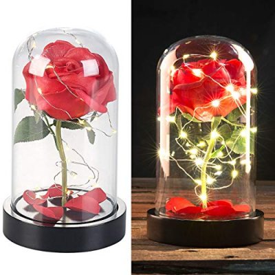 Lunartec Rose artificielle avec cloche en verre et lumi&egrave;re LED - Rouge