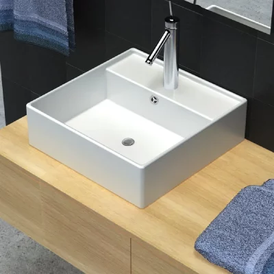 Luxueuse vasque c&eacute;ramique carr&eacute;e avec trop plein 41 x 41 cm