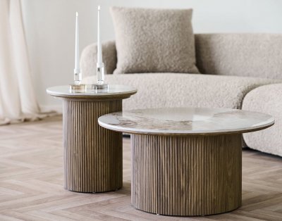 Lysa - Table Basse Plateau Effet Marbre Et Pieds Effets Bois - 80 Cm - Bois / Blanc