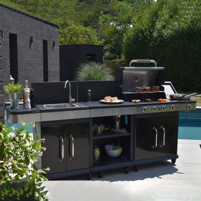 M&S M-s - Barbecue au gaz 4 br&ucirc;leurs et plancha, desserte et &eacute;vier - fidgi